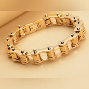 Bicycle Chain Style 10mm Men’s Bracelet in Plated Yellow Gold o/Stainless Steel